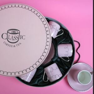 Classic coffee & Tea  pink and silver Demitasse cups & saucers set of 6 in box
